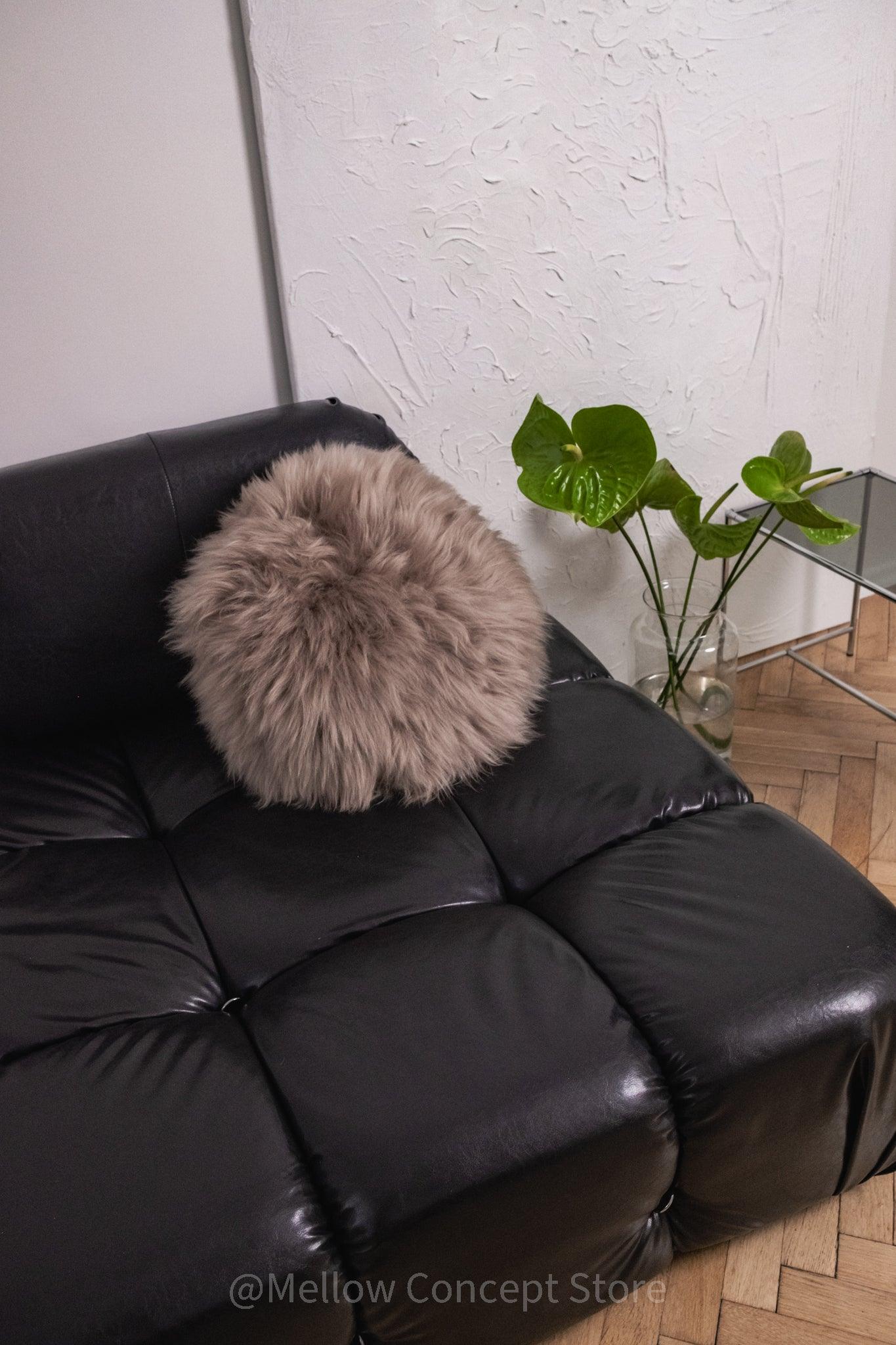Round Natural Sheepskin Pillow - Greige-3