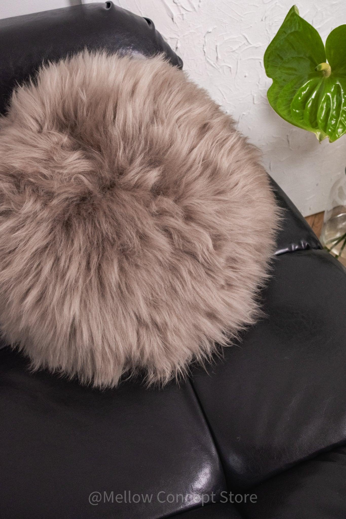 Round Natural Sheepskin Pillow - Greige-4